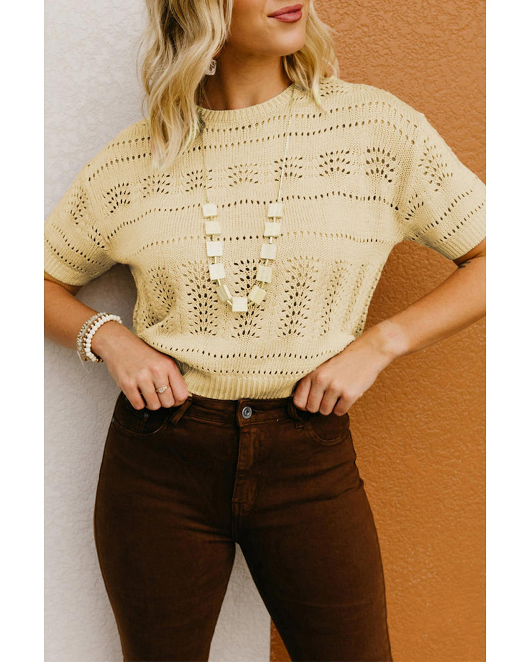 Beige Knitted Hollow out Short Sleeve Crop Sweater - S