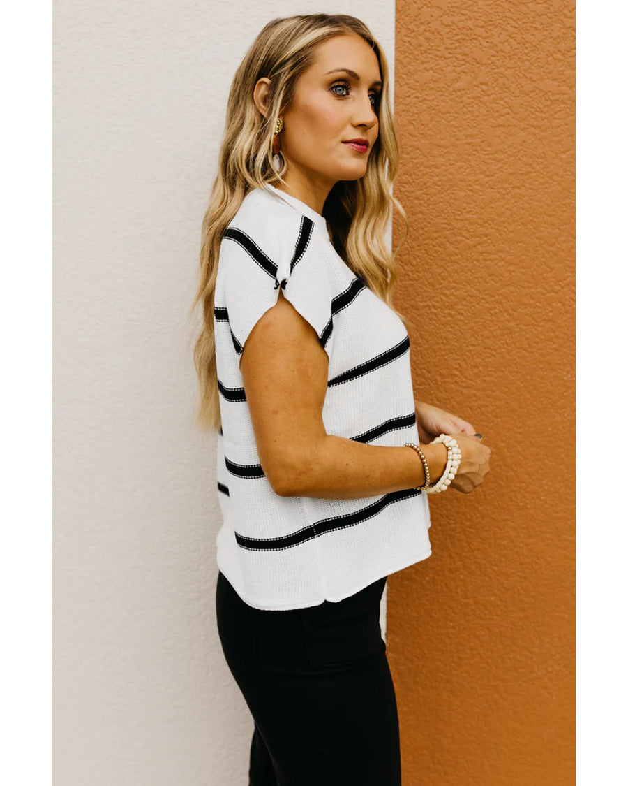 White Striped Batwing Sleeve Sweater Tee - L