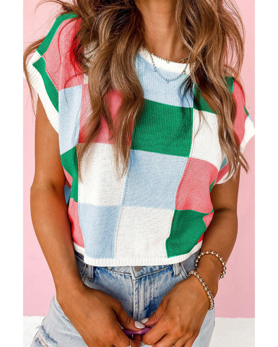 Dark Green Color Block Cap Sleeve Sweater - XL
