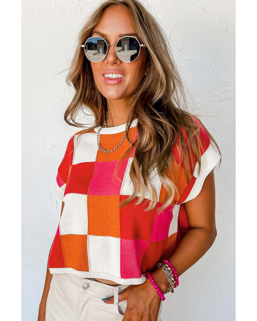 Fiery Red Color Block Cap Sleeve Sweater - XL
