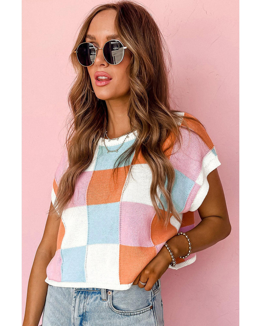 Grapefruit Orange Color Block Cap Sleeve Sweater - S