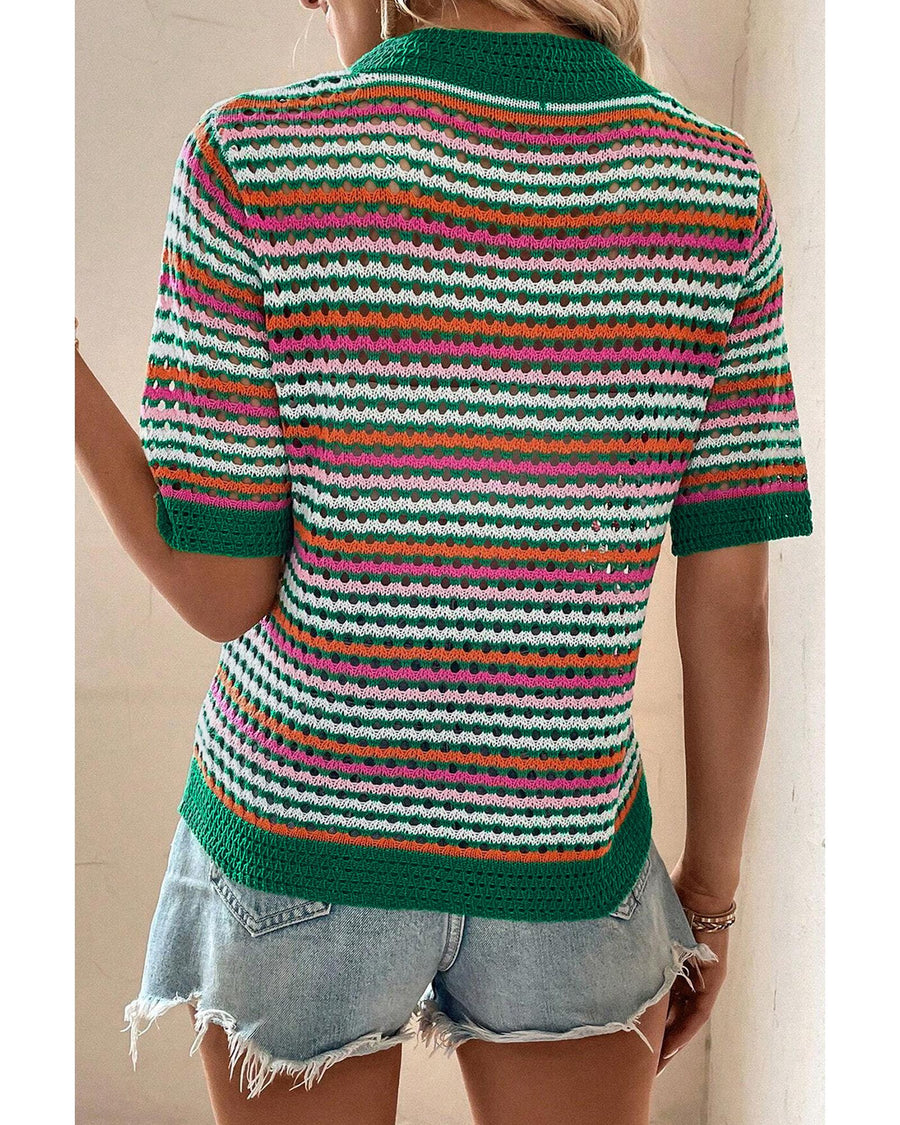 Dark Green Striped Pattern Contrast Trim Pointelle Knit T Shirt - XL
