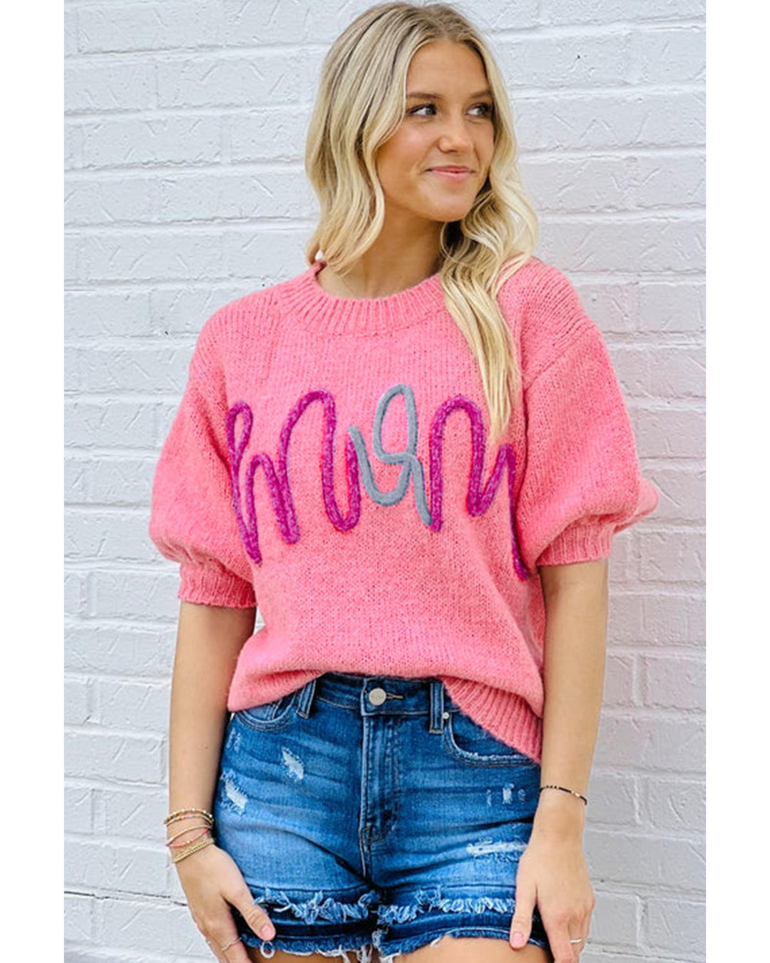 Bonbon Mom Tinsel Front Short Sleeve Sweater - L