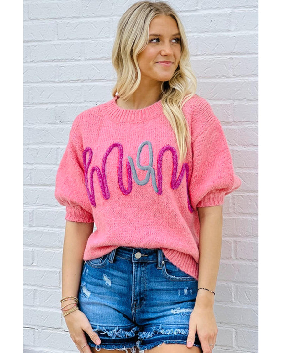 Bonbon Mom Tinsel Front Short Sleeve Sweater - XL