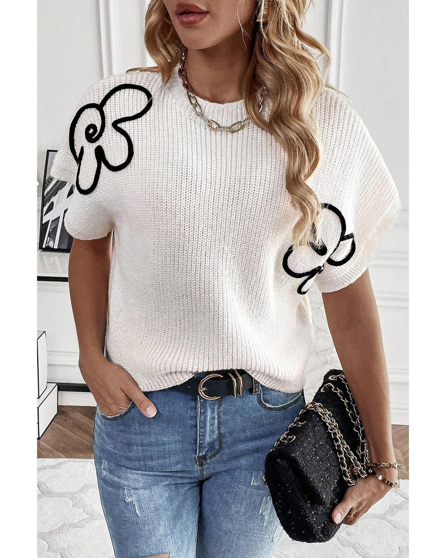 White Flower Embroidery Sweater Tee - XL