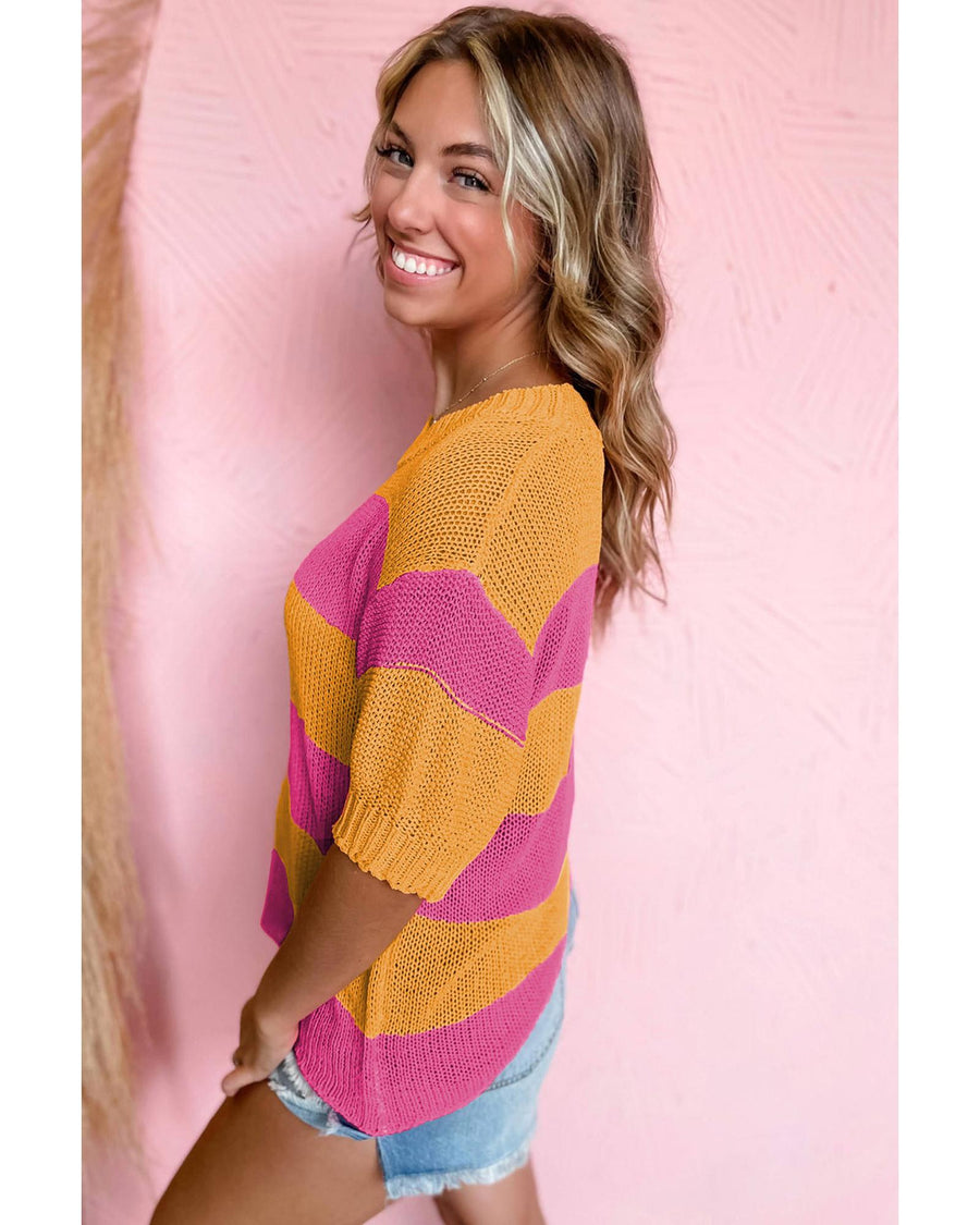 Orange Stripe Color Block Knitted T-shirt Sweater - XL