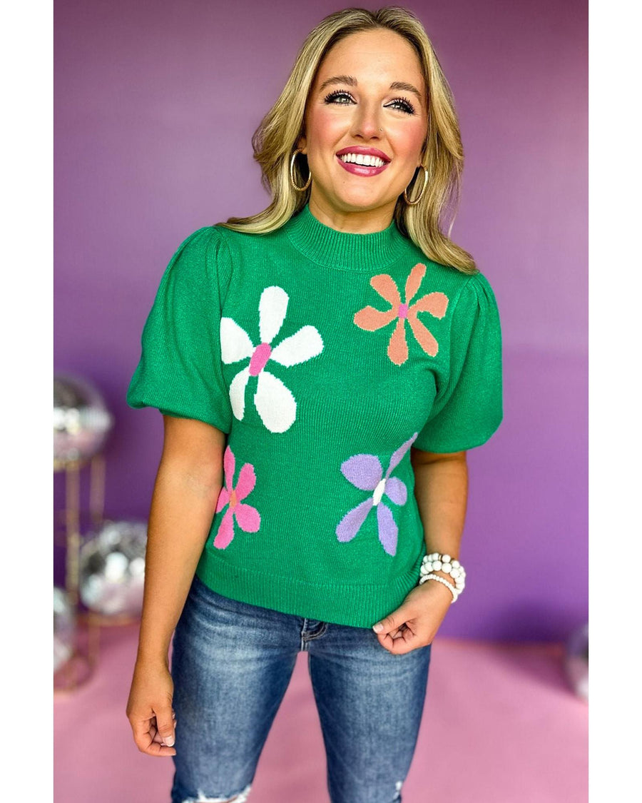 Bright Green Floral Bubble Short Sleeve Sweater - M