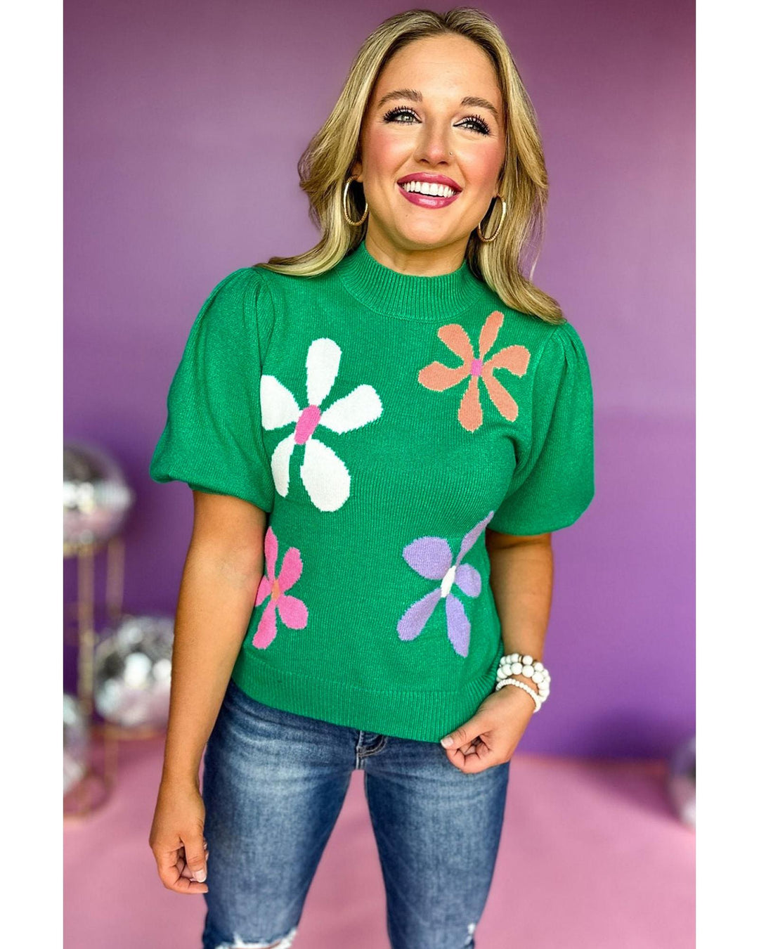 Bright Green Floral Bubble Short Sleeve Sweater - S