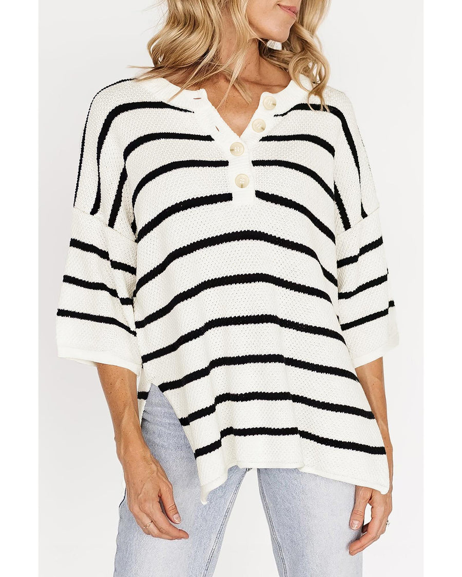 White Stripe Henley Buttoned Placket Drop Shoulder Bracelet Sleeve Knit Sweater Tee - L