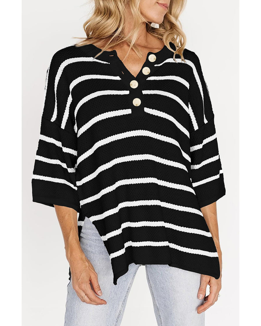 Black Stripe Henley Buttoned Placket Drop Shoulder Bracelet Sleeve Knit Sweater Tee - 2XL