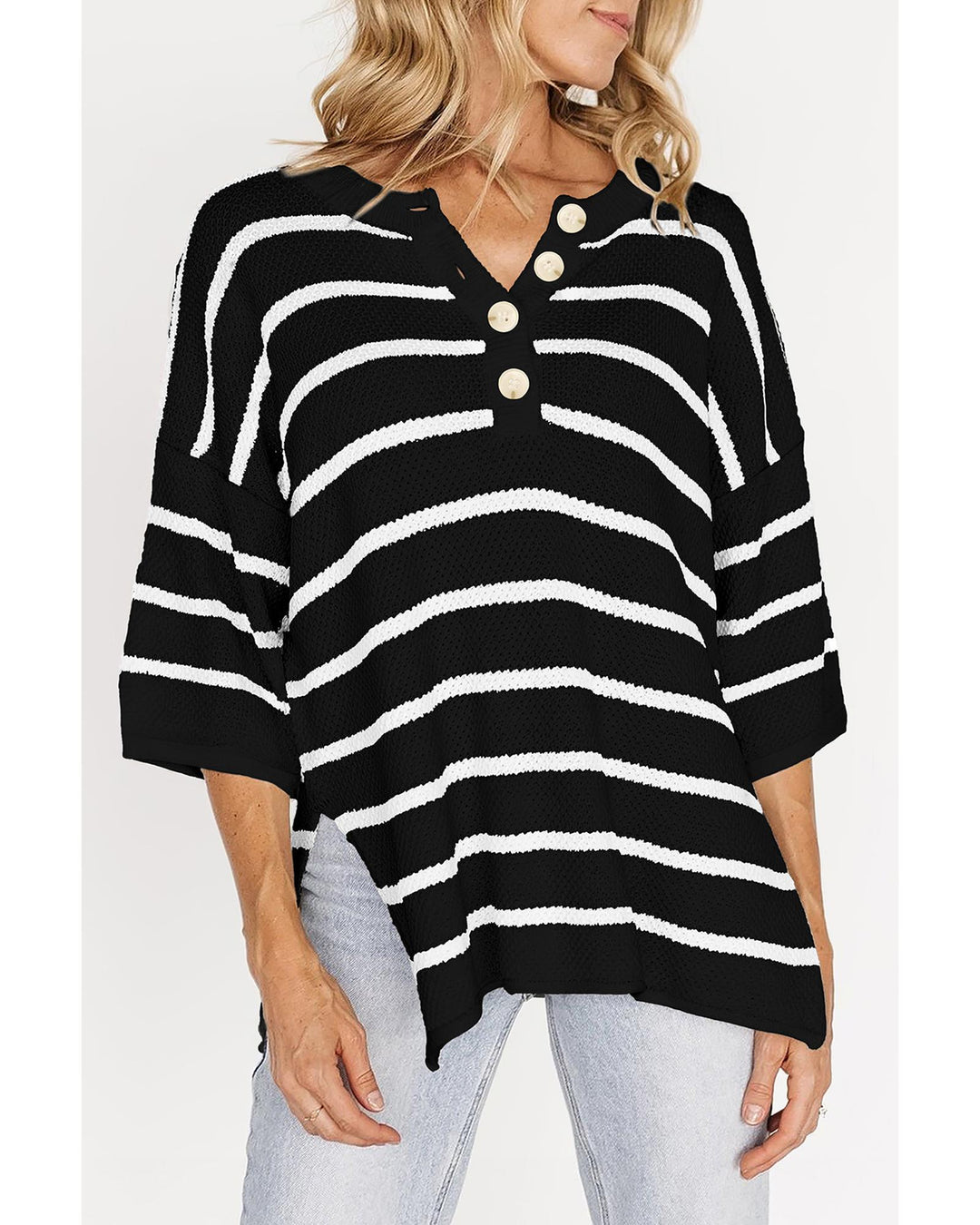 Black Stripe Henley Buttoned Placket Drop Shoulder Bracelet Sleeve Knit Sweater Tee - S