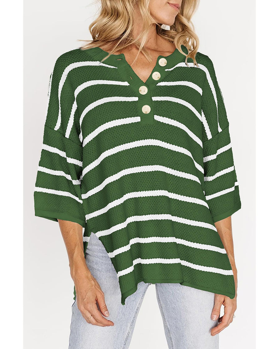Green Stripe Henley Buttoned Placket Drop Shoulder Bracelet Sleeve Knit Sweater Tee - M