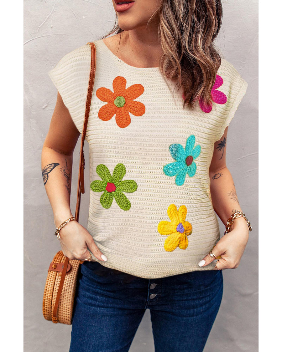 White Flower Crochet Round Neck Knitted Top - XL