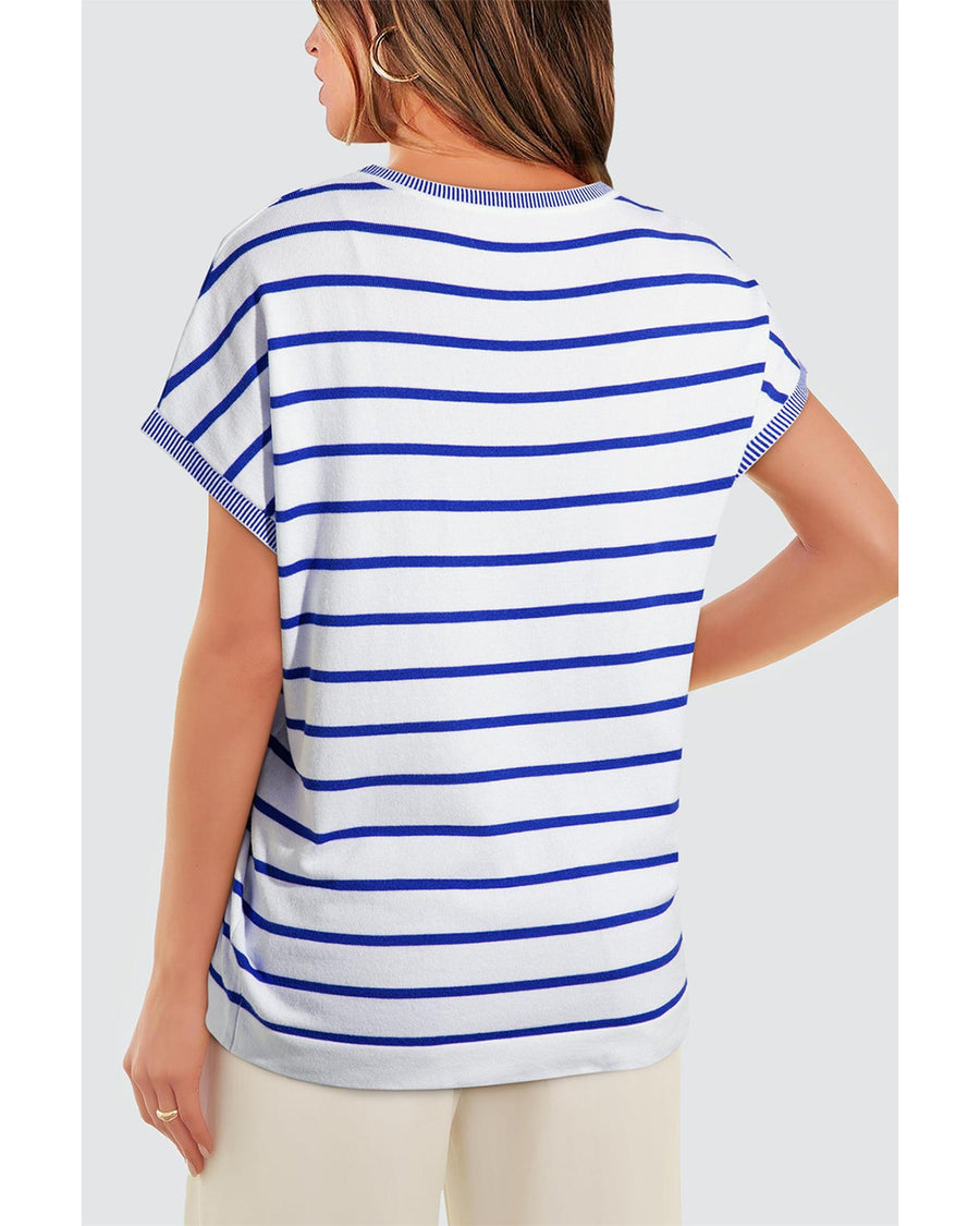 Sky Blue Stripe Knitted Bat Sleeve T Shirt - S