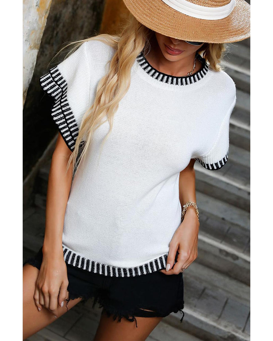 White Contrast Trim Round Neck Batwing Sleeve Knitted Top - S