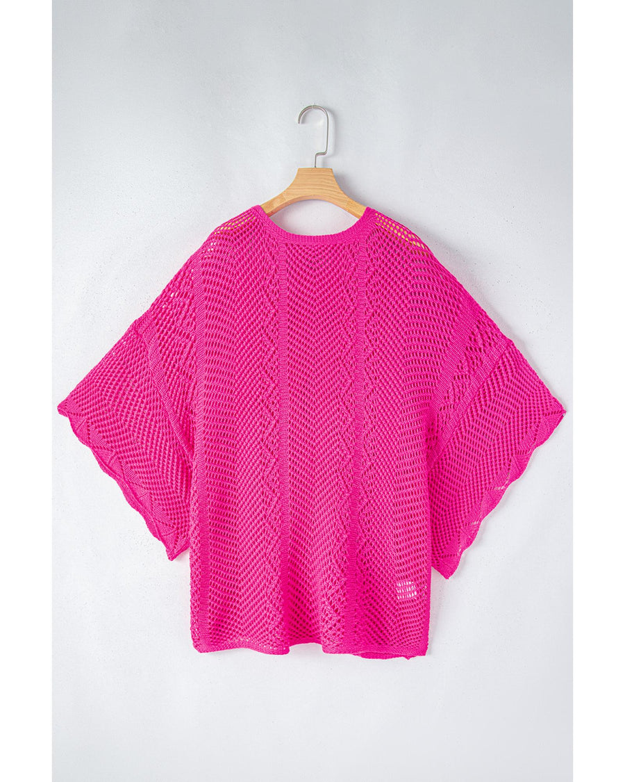 Rose Red Pointelle Knit Scallop Edge Short Sleeve Top - L