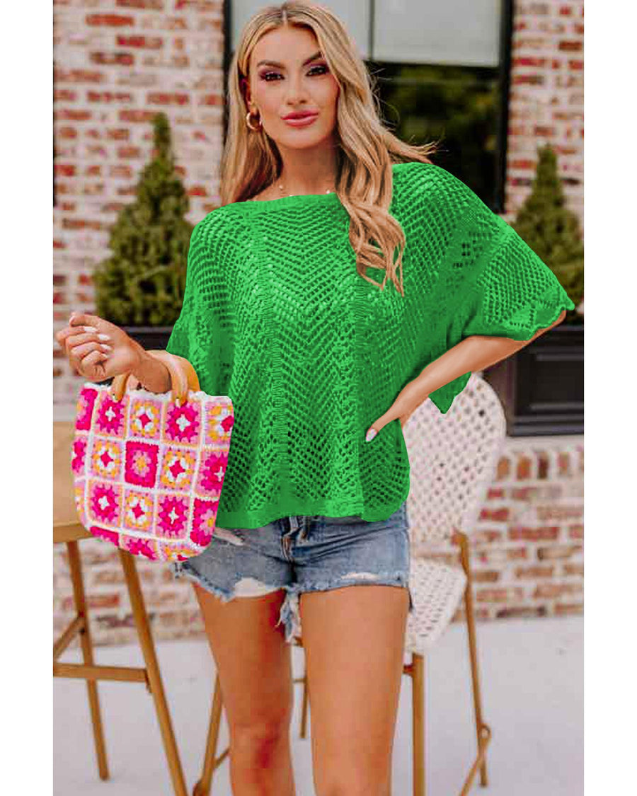 Green Pointelle Knit Scallop Edge Short Sleeve Top - XL