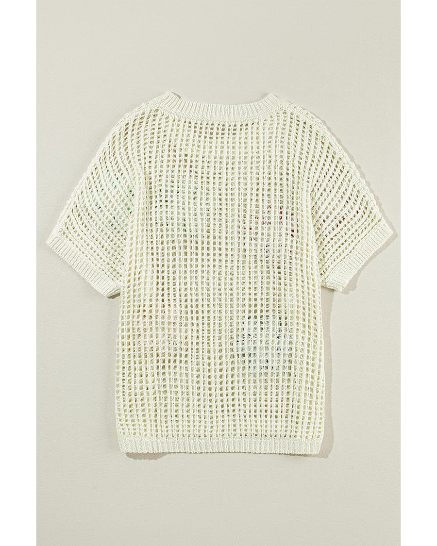 White Crochet Flower Hollow-out Sweater T Shirt - M