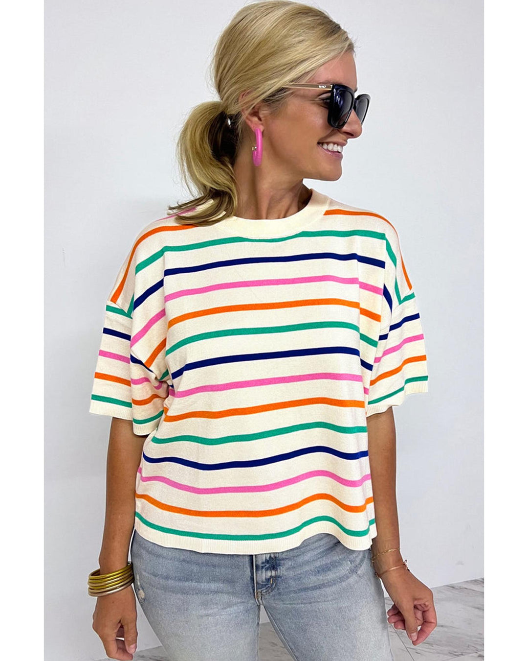 Beige Stripe Dropped Short Sleeve Boxy Fit Knitted Top - L