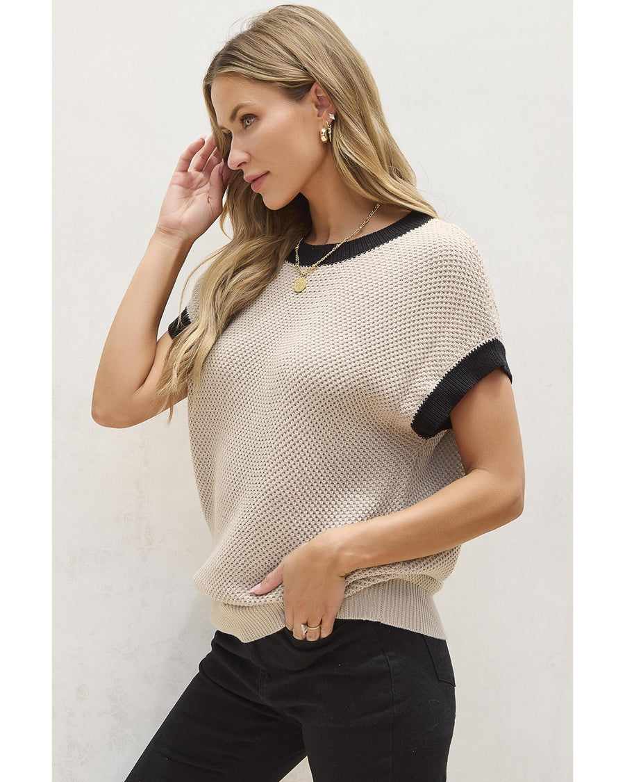 Light French Beige Contrast Trim Round Neck Batwing Sleeve Sweater Top - L