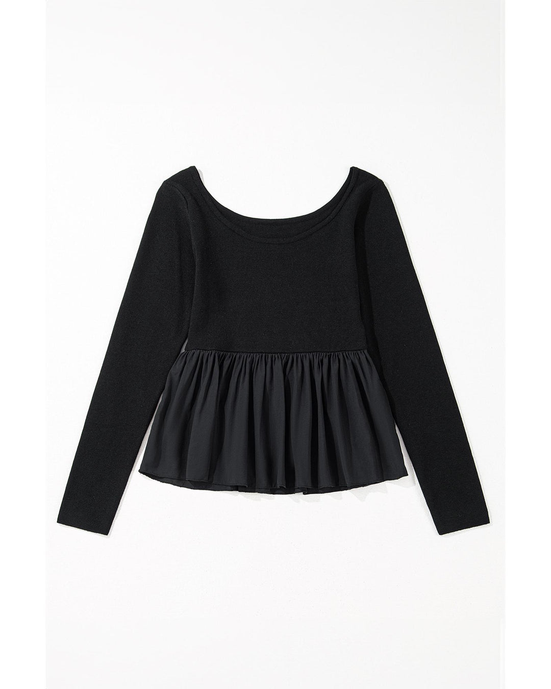 Black Ribbed Knit Long Sleeve Scoop Neck Peplum Patchwork Top - L