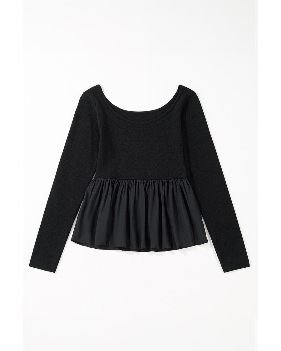 Black Ribbed Knit Long Sleeve Scoop Neck Peplum Patchwork Top - XL