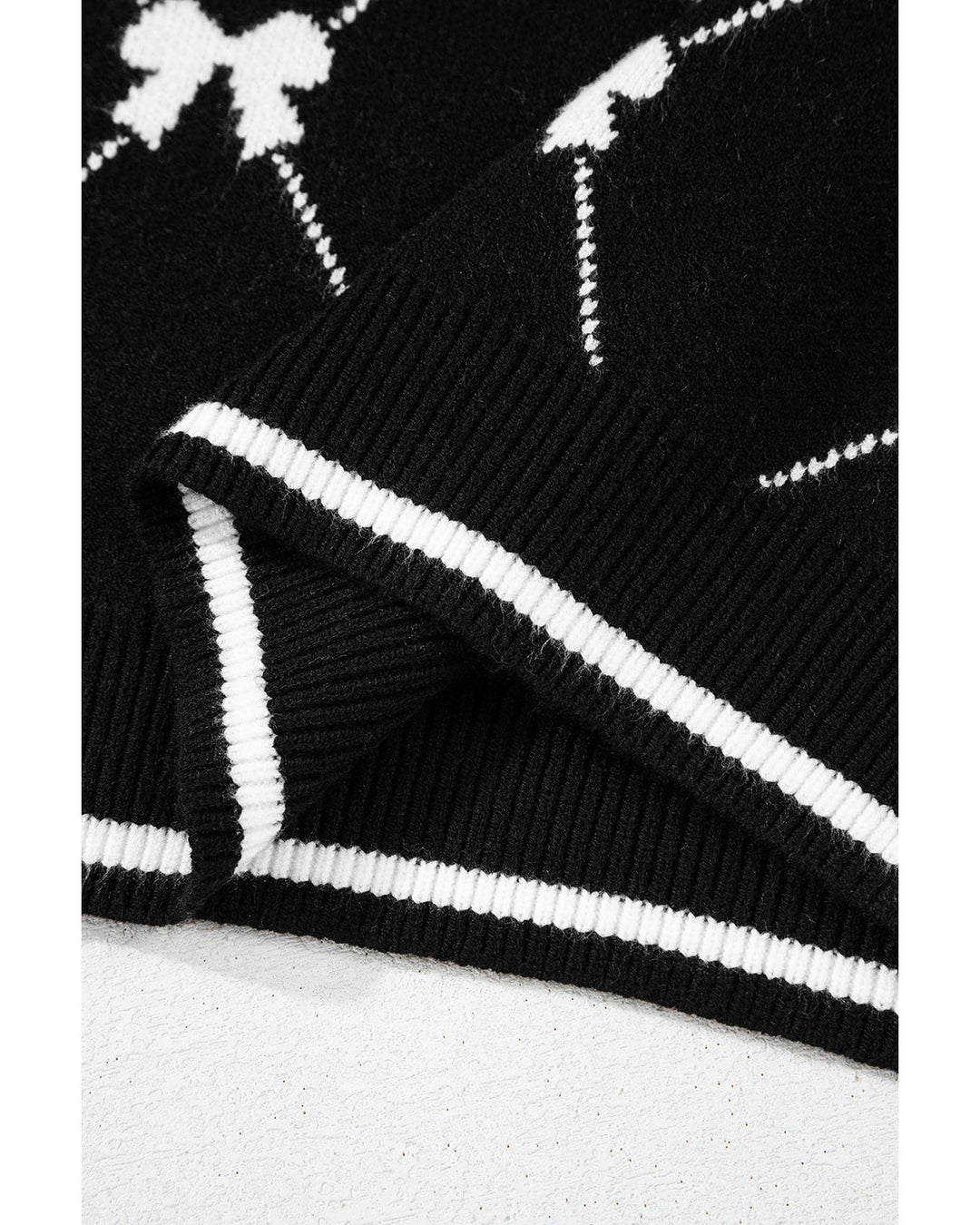 Black Preppy Vibes Bow Print Zipped Collar Sweater Tee - S