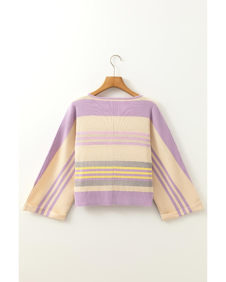 Purple Stripe Borderline Rib Knit Cuffed Dolman Sleeve Sweater - L
