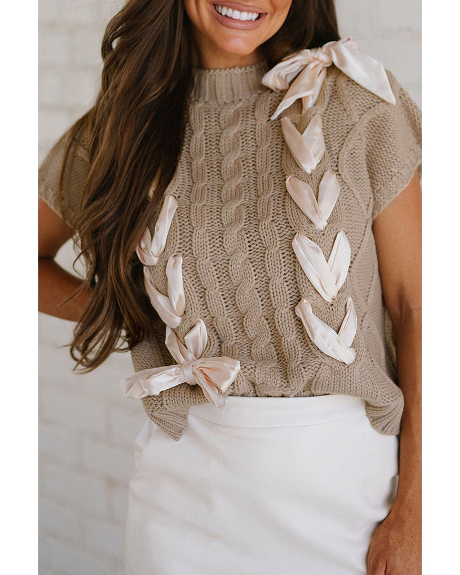 Simply Taupe Cable Knit Colorblock Satin Bowknot Short Sleeve Sweater - S