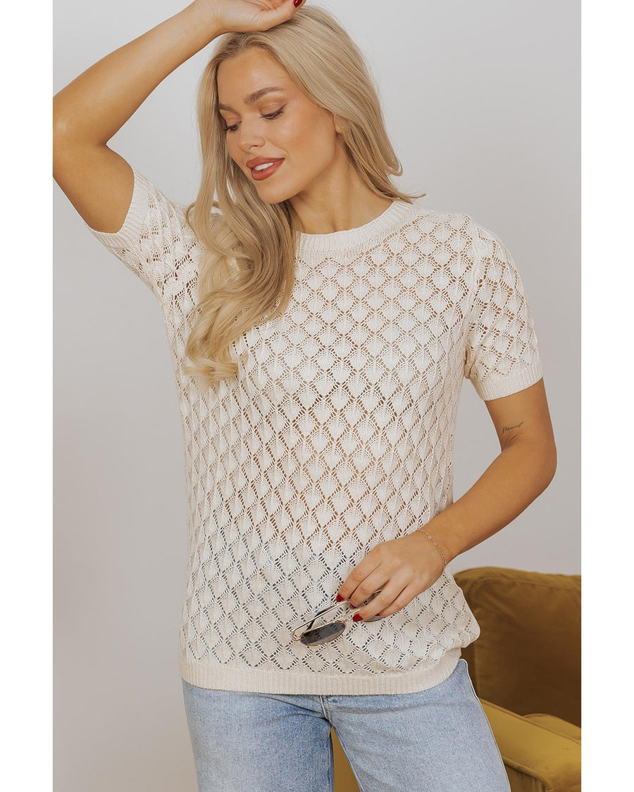 Beige Hollow Out Crochet O Neck Short Sleeve Sweater Tee - M
