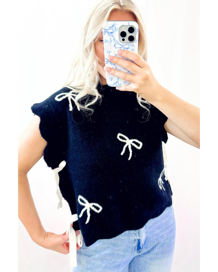 Black Bow Print Side Ties Scalloped Hem Sweater T Shirt - S