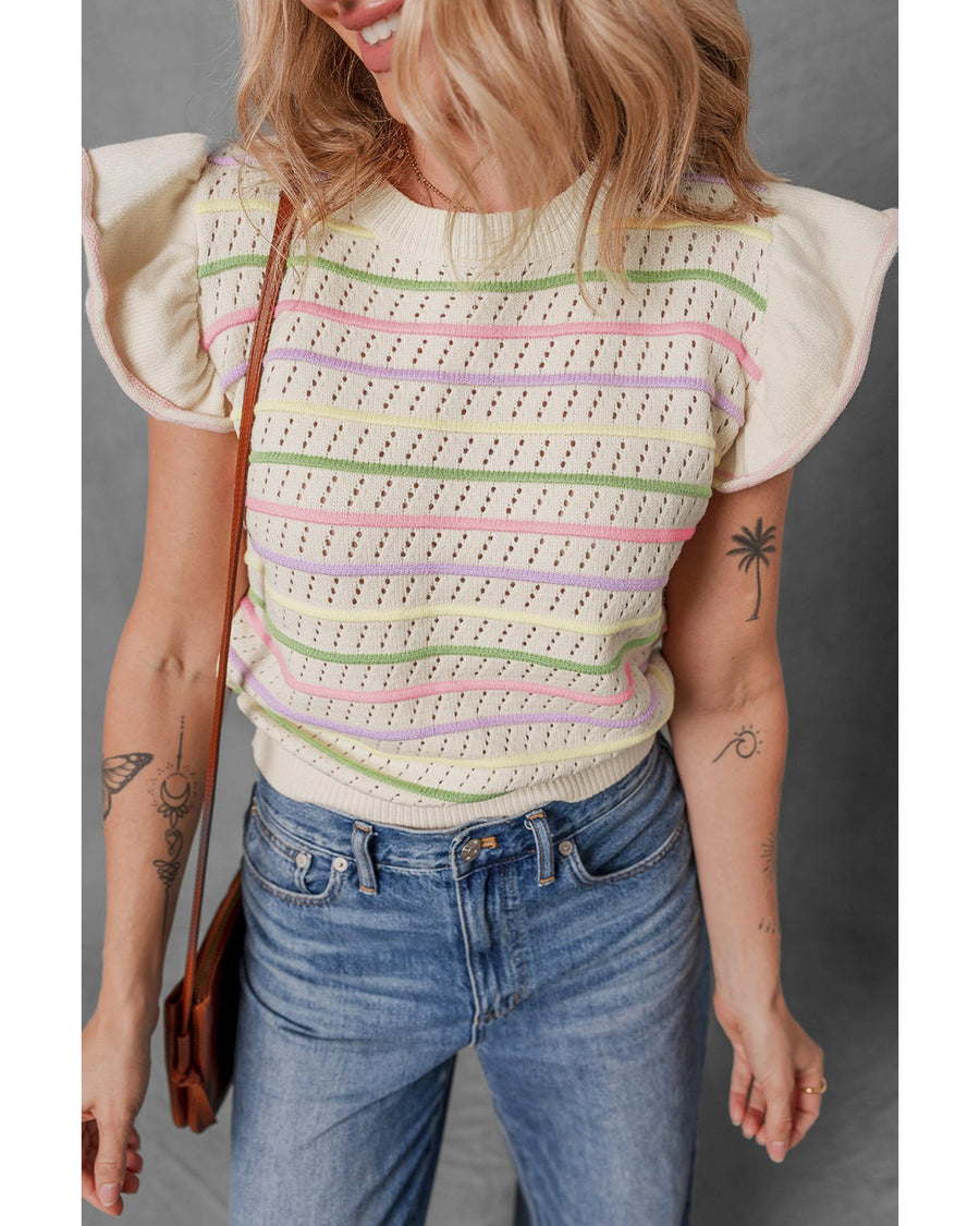 Oatmeal Colorful Striped Eyelet Knit Ruffled Sleeve Sweater T Shirt - L