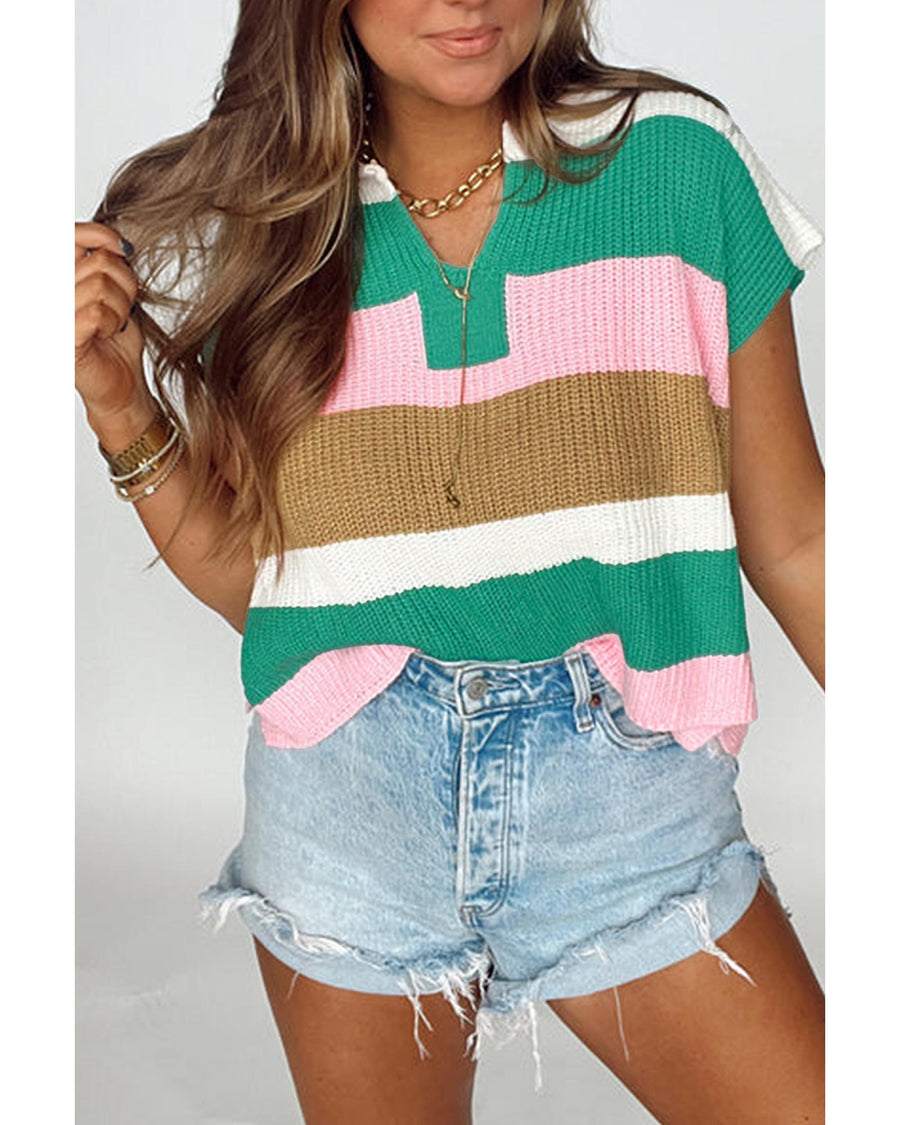 Multicolour Color Block Notch V Neck Sweater T Shirt - L