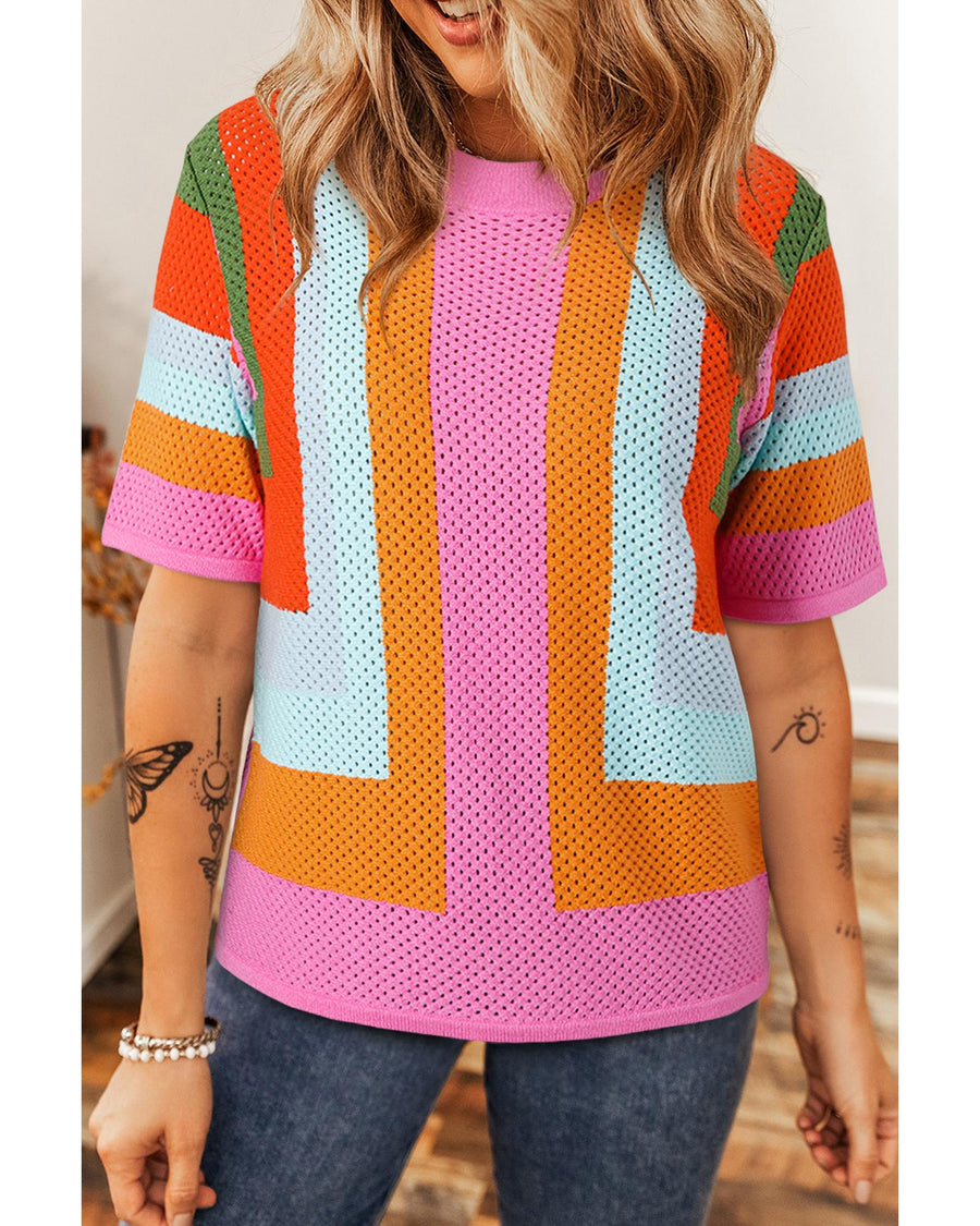 Orange Color Block Eyelet Casual Sweater T Shirt - L