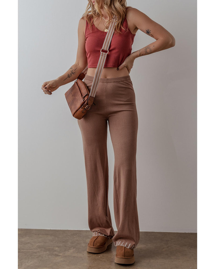 Straw Yellow High Waist Straight Leg Knitted Pants - L