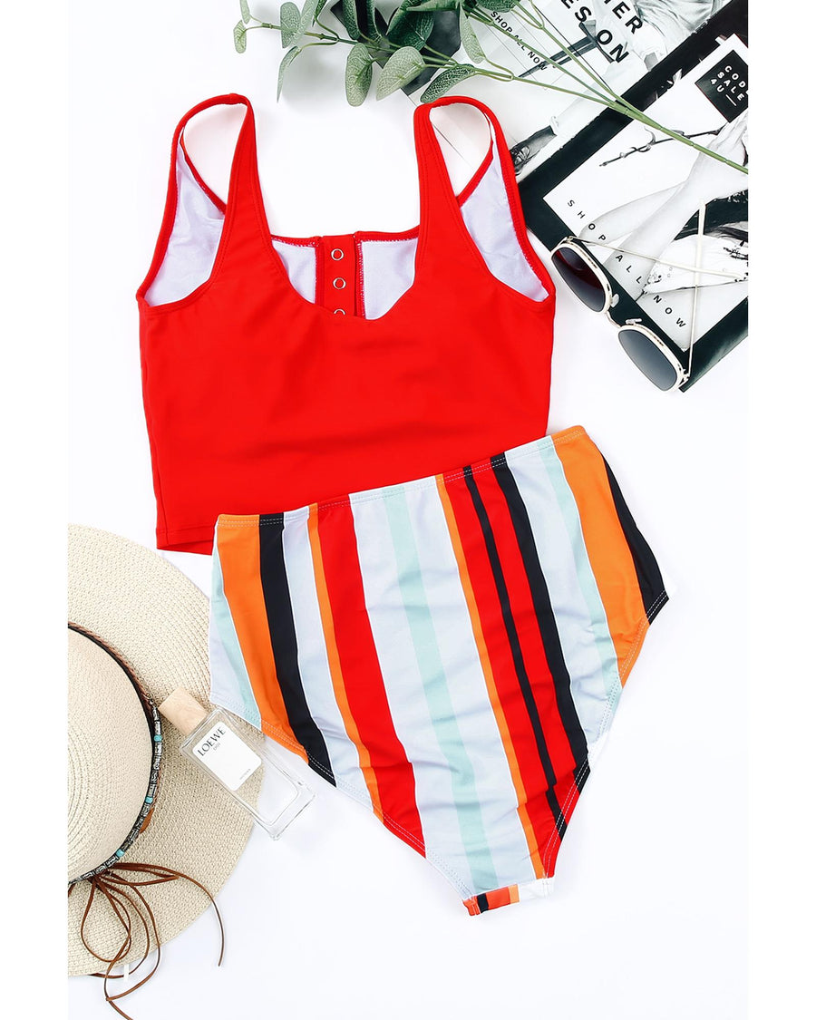 Square Neck Sleeveless Fashion Print Tankini Set - L