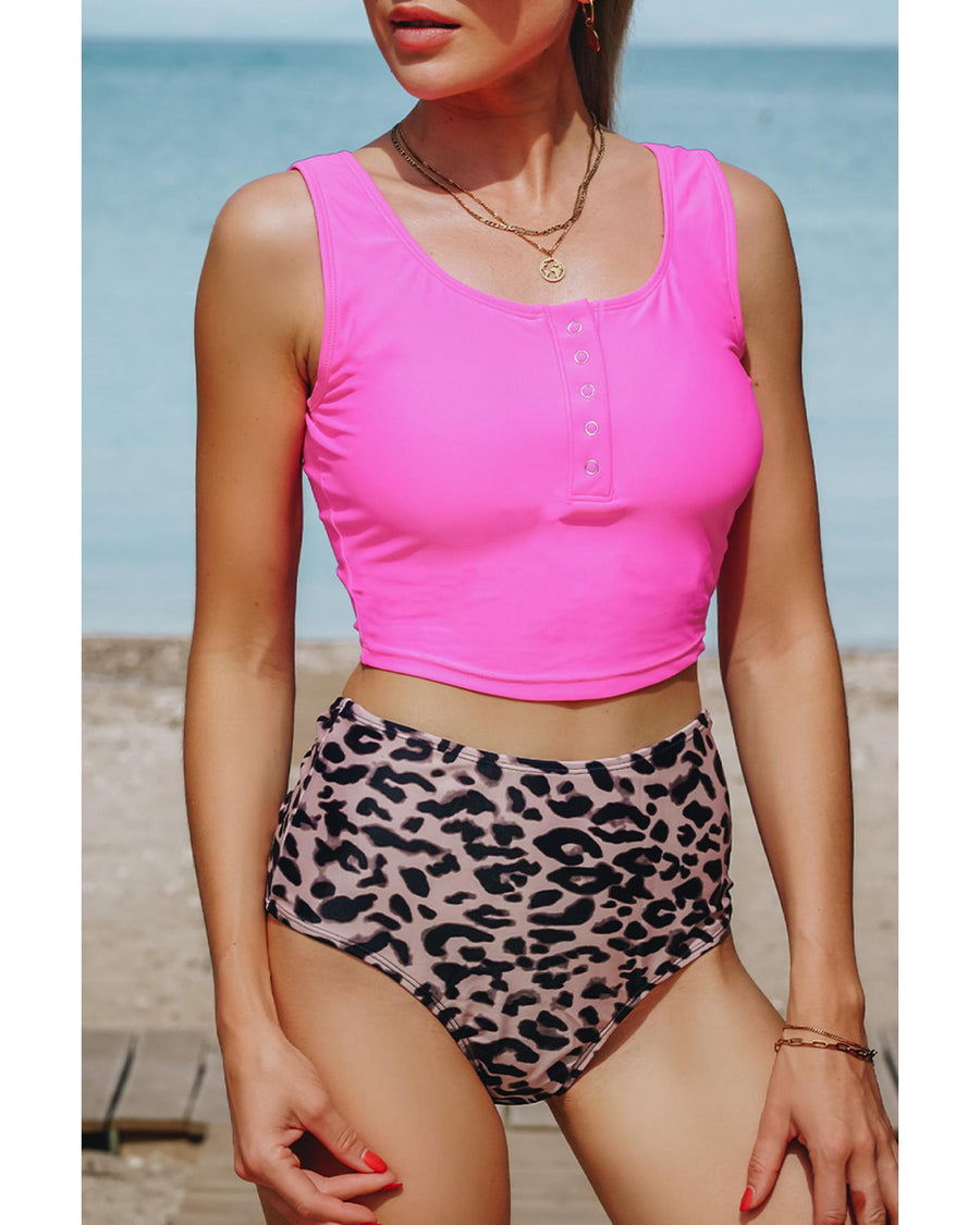 Leopard Square Neck Sleeveless Fashion Print Tankini Set - S