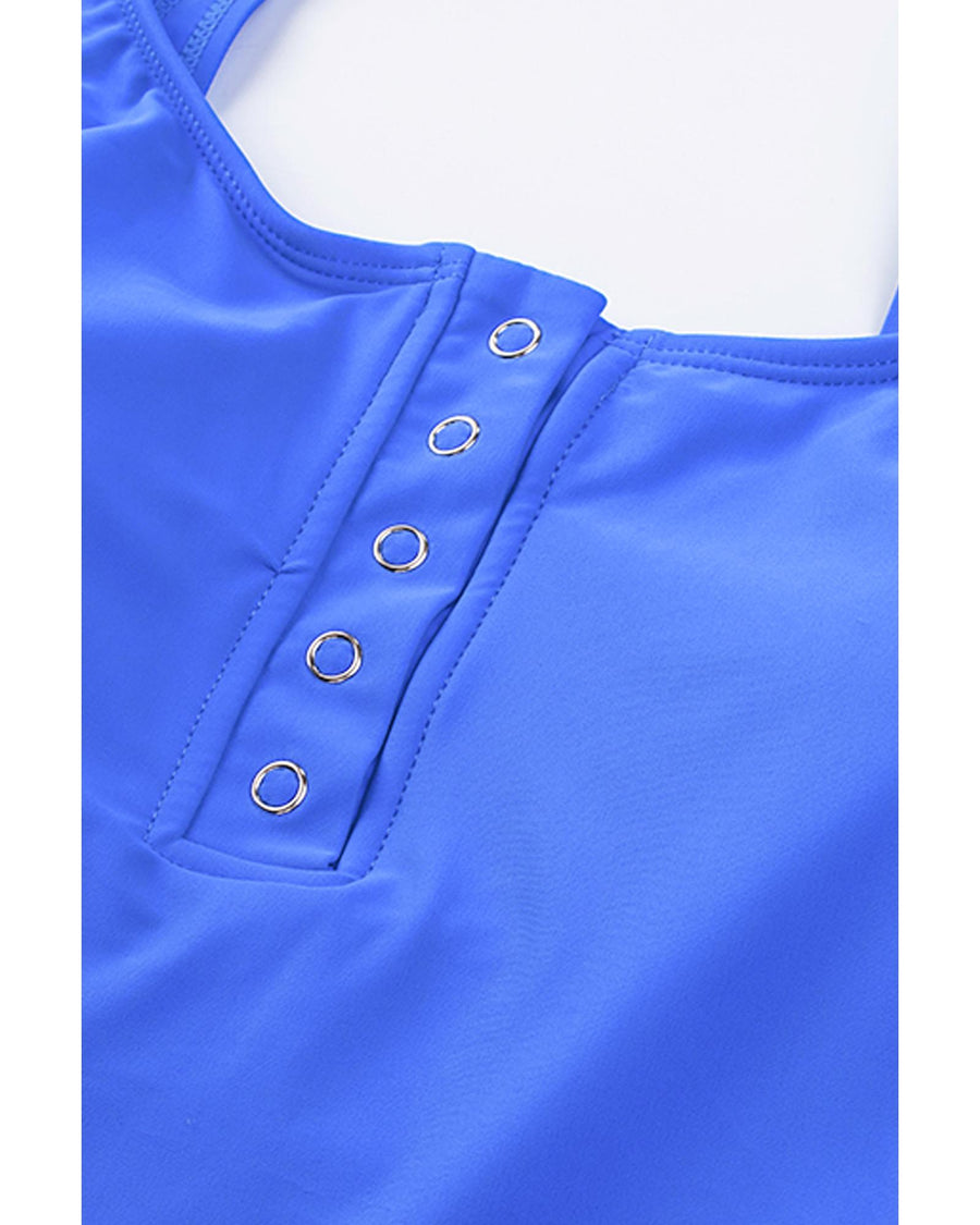 Blue Square Neck Sleeveless Fashion Print Tankini Set - S