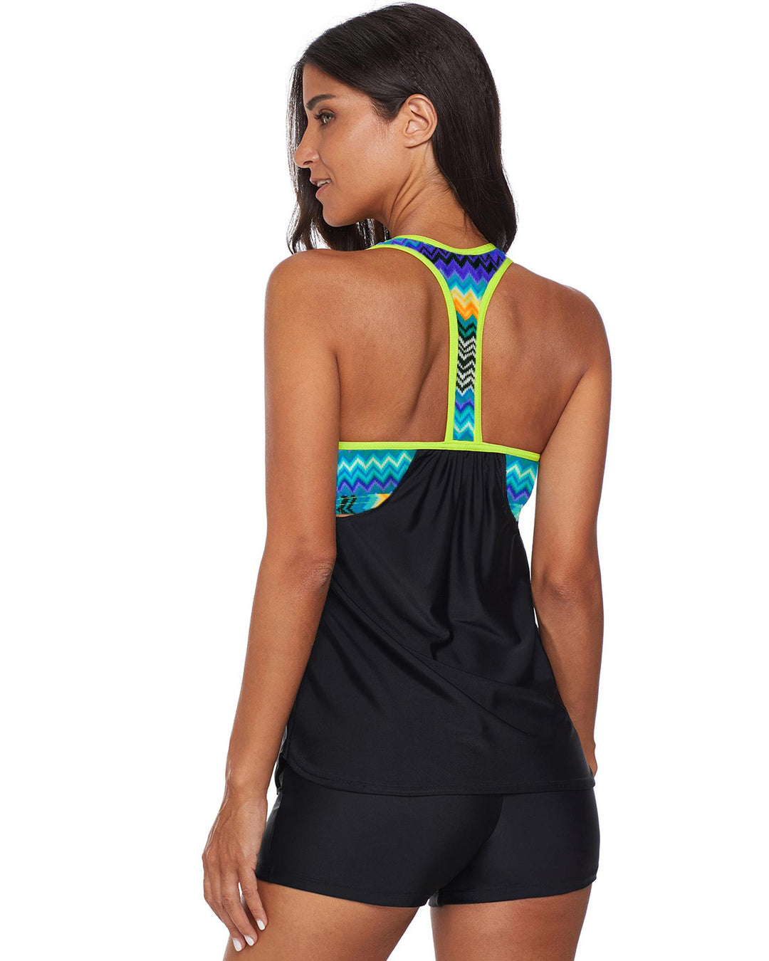 Black Blouson Striped Printed Strappy T-Back Push up Tankini Top - L