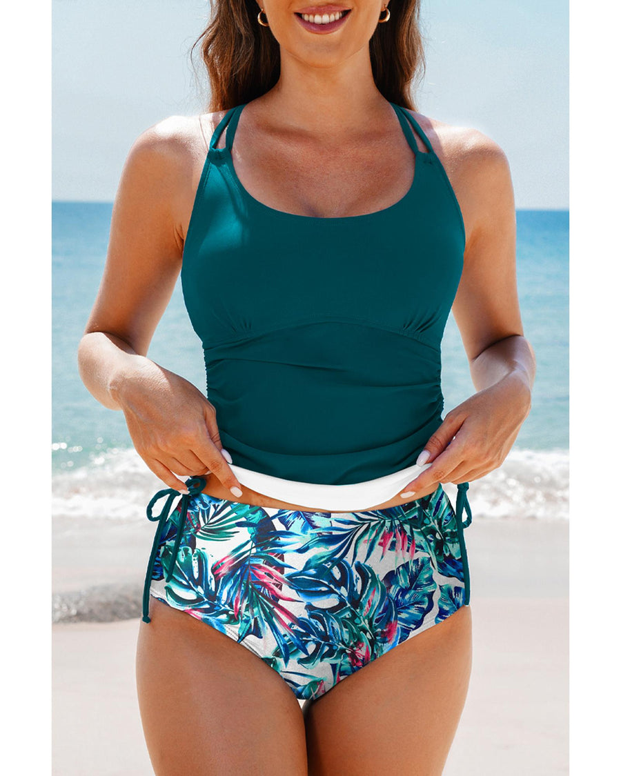 Sea Green Drawstring Tummy Control Mix-and-match 2pcs Tankini Swimsuit - 2XL