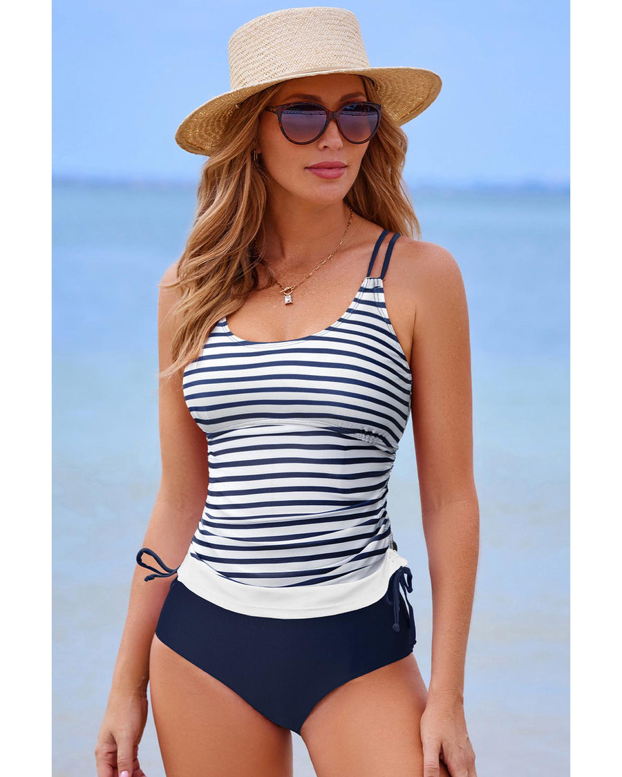 Blue Stripe Drawstring Tummy Control Mix-and-match 2pcs Tankini Swimsuit - M