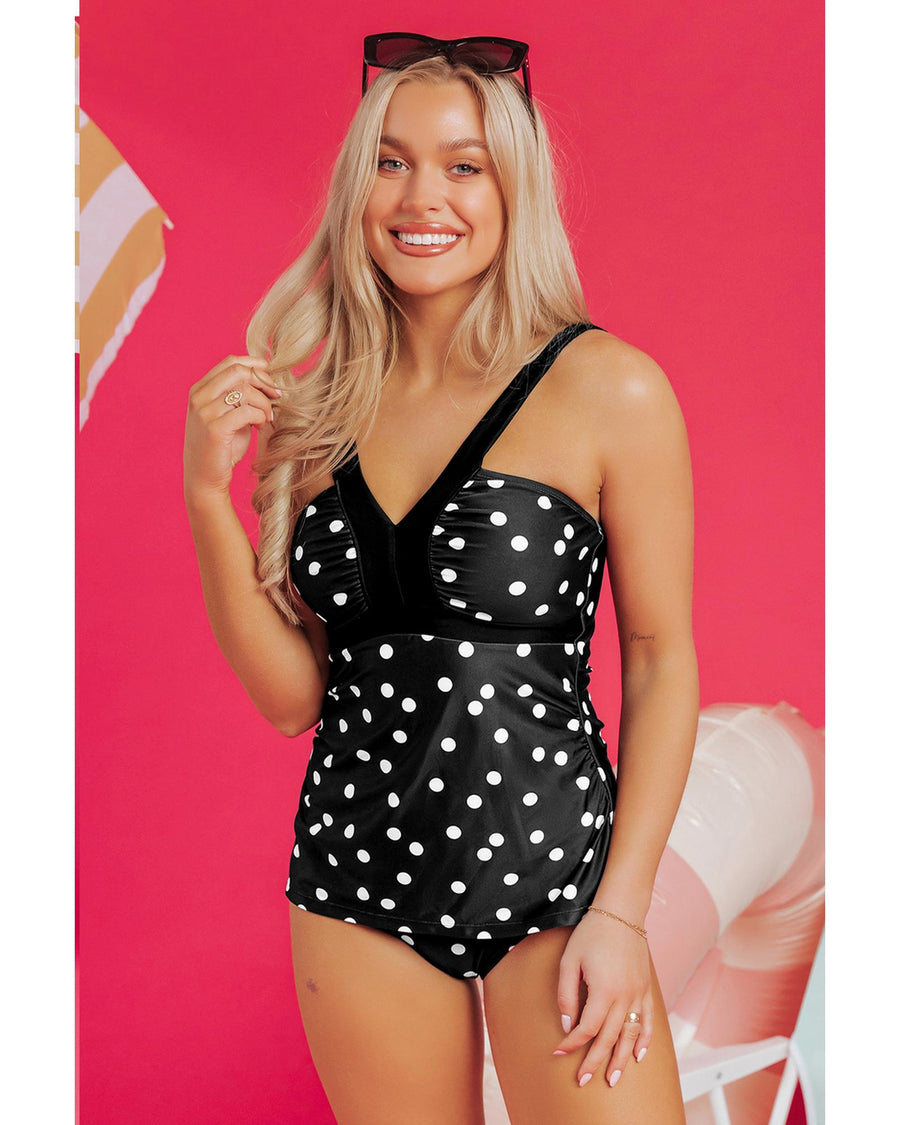 Black Polka Dot Print V Neck Tankini Set - 2XL
