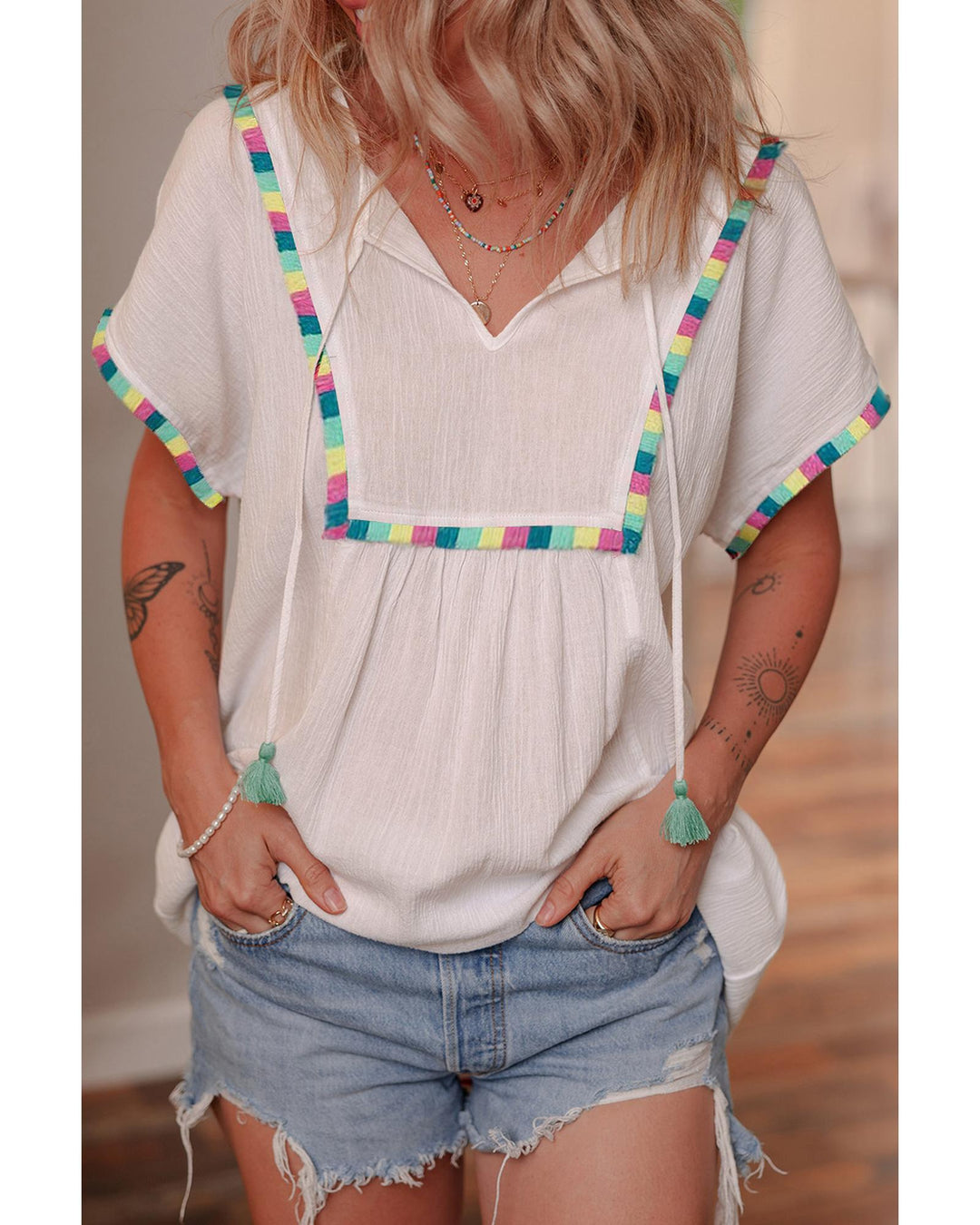 White Colorful Fringed Detail Tassel Tie Neck Short Sleeve Blouse - L