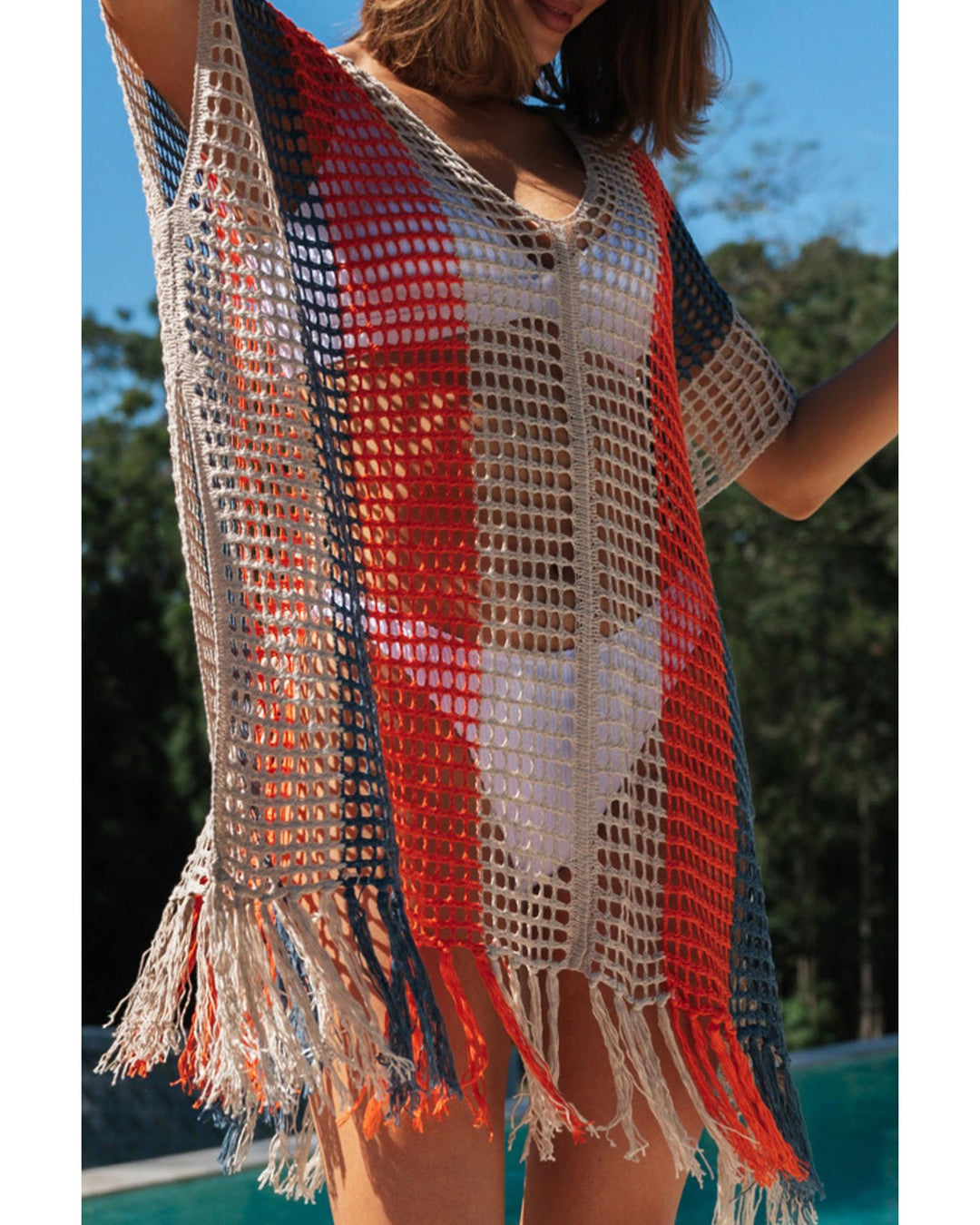 Multicolor Striped Tassel Crochet V Neck Beach Cover Up - M