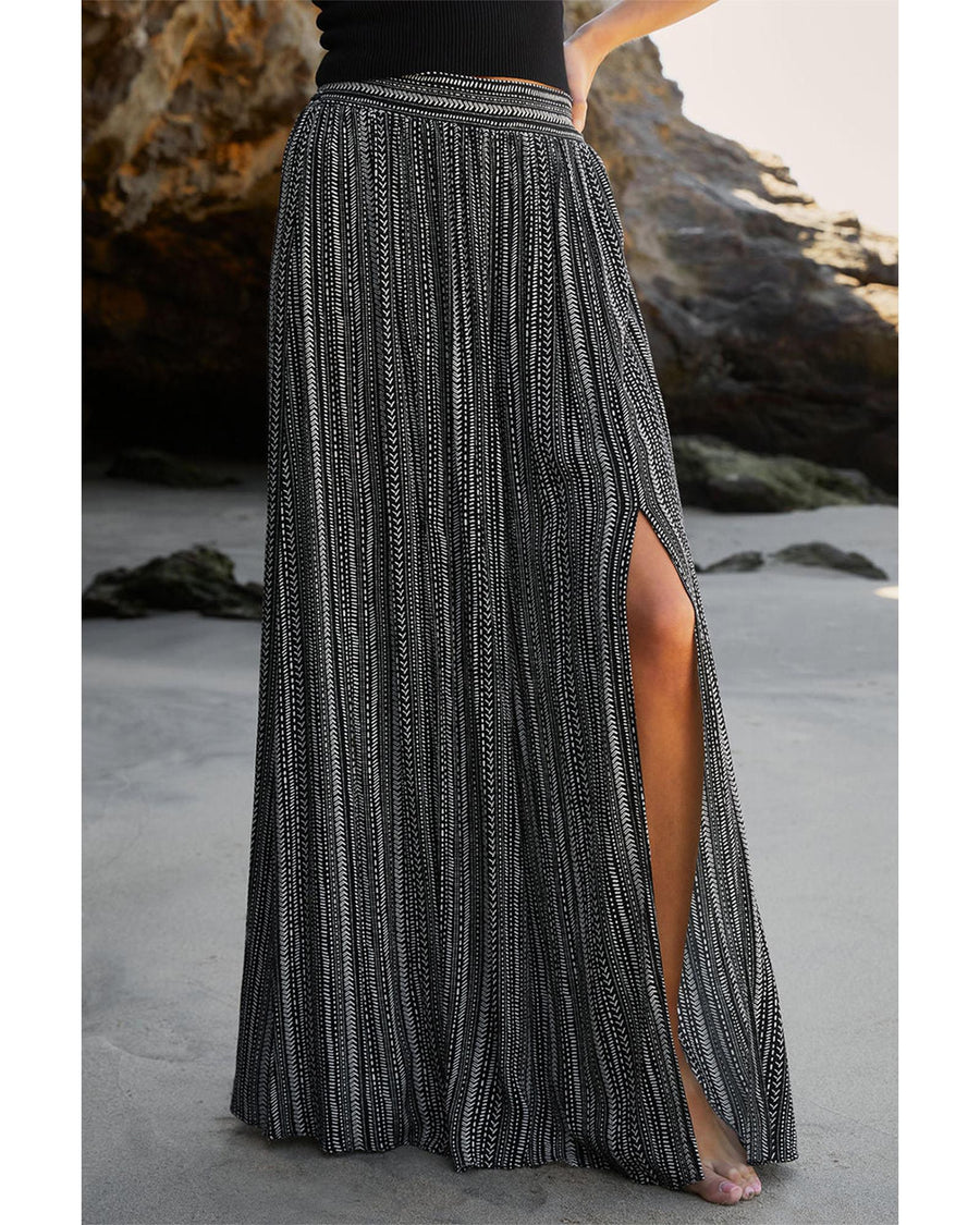 Black Printed Striped Printed Slit Wide Leg High Waist Pants - XL