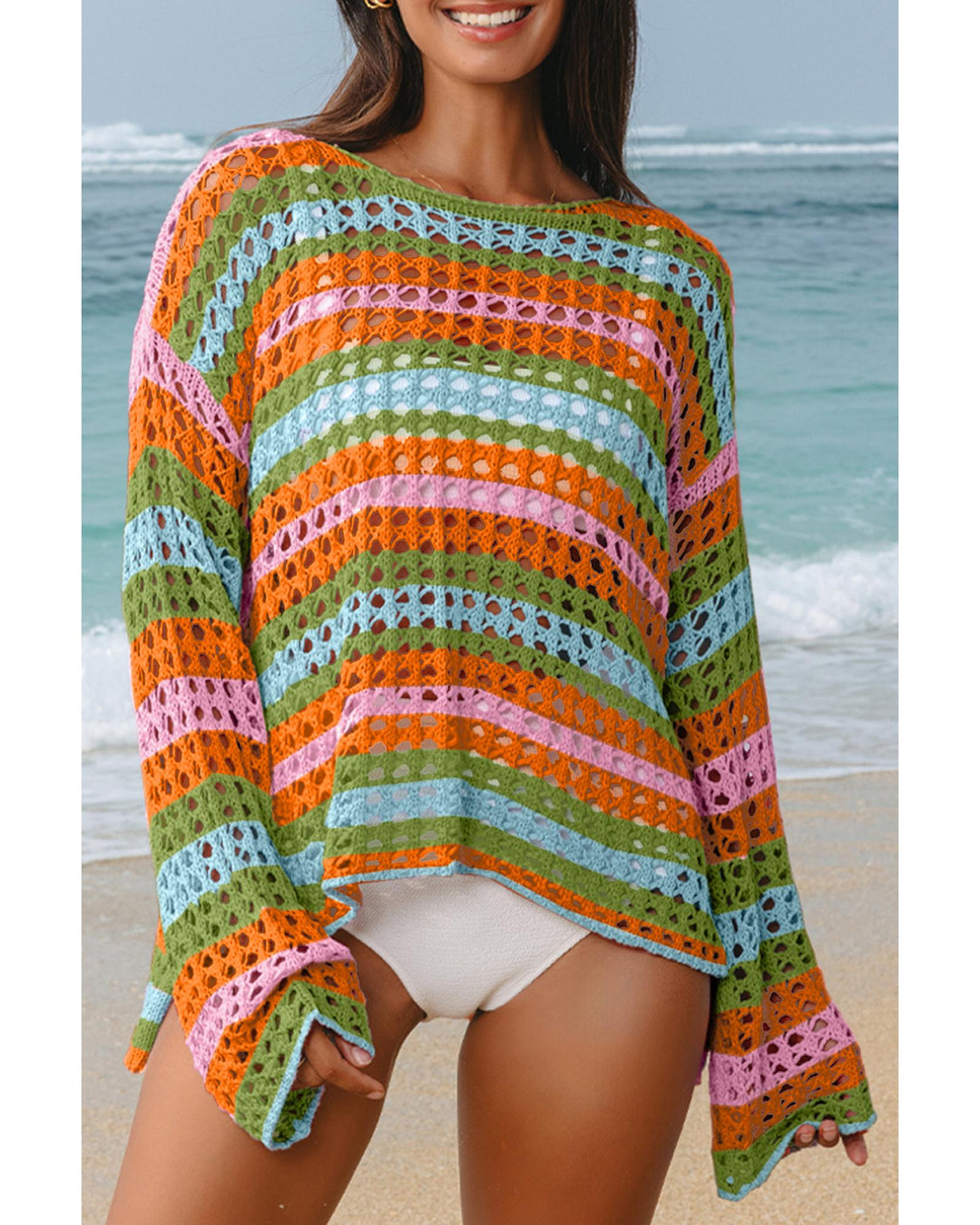Carrot Multi Stripe Open Knit Sweater Beach Cover Up - M