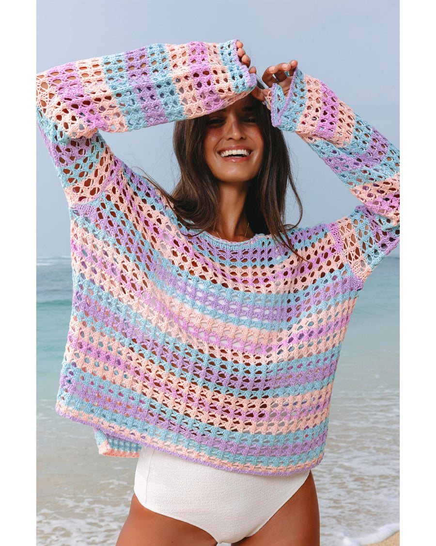 Purple Multi Stripe Open Knit Sweater Beach Cover Up - M