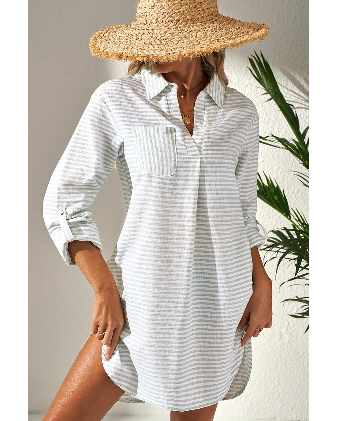 White Stripe Collared V Neck Chest Pocket Long Sleeve Beach Cover up - 2XL