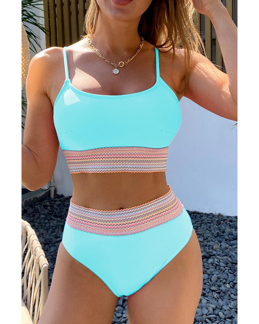 Turquoise Striped Patchwork Spaghetti Strap High Waist Bikini Swimsuit - L