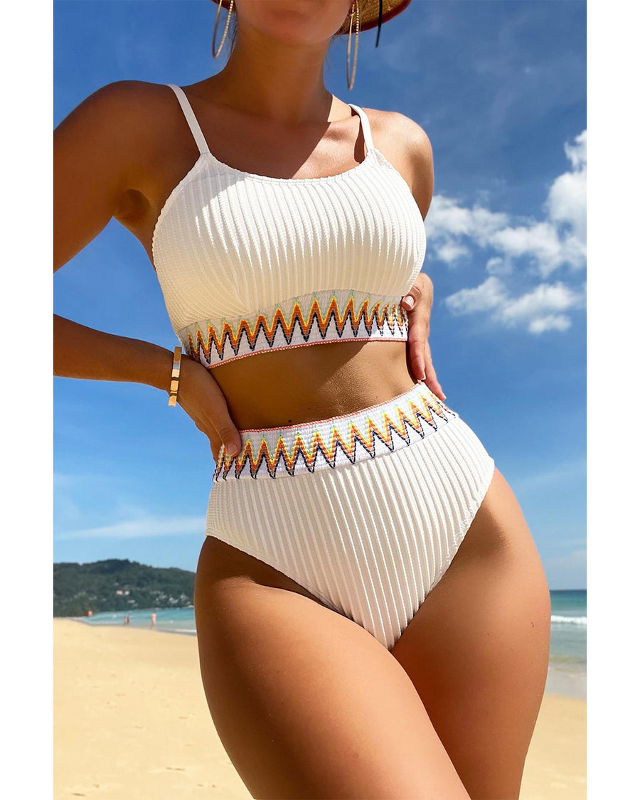 White Textured Contrast Banding Bikini High Waist 2pcs Swimsuit - S